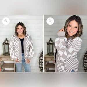 Taupe Sequin Checkered Open Front Cardigan